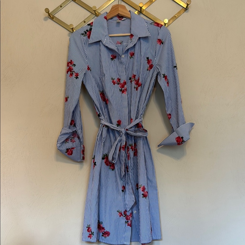 Striped and floral embroidered shirt dress